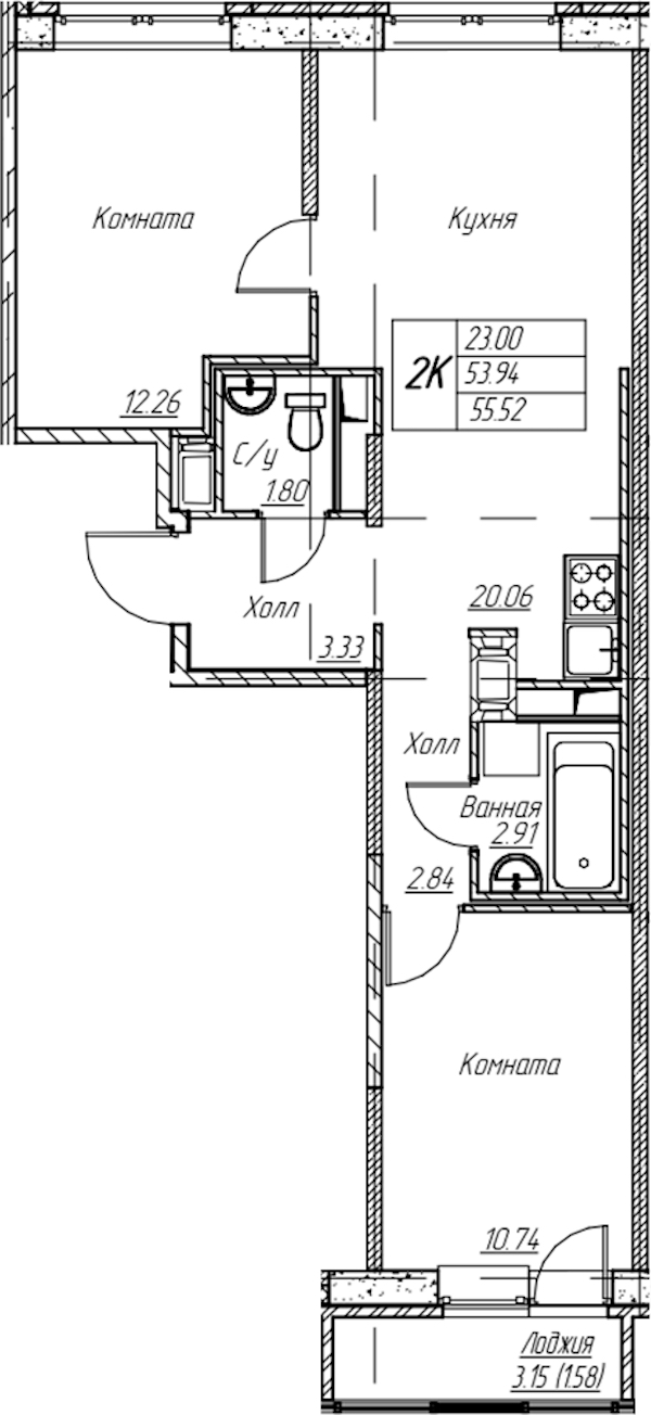2-комнатная квартира 55.52 м², 11/22 эт., ЖК «Парк-квартал Юнтолово»